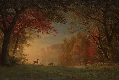 Indian Sunset, Deer by a Lake Albert Bierstadt
